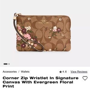 Corner zip wristlet in signature canvas with evergreen floral print